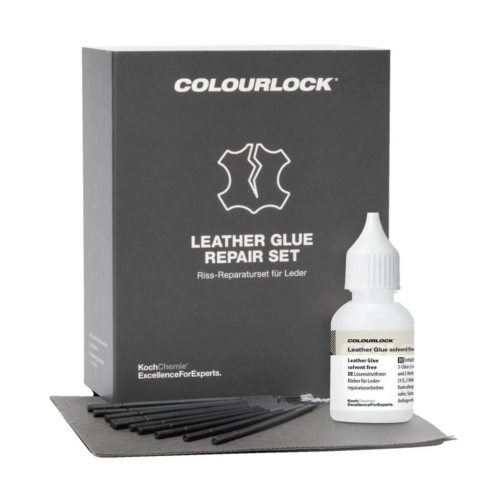 Colourlock Leather Glue Repair Set – bőrragasztó készlet javító folttal és mini ecsetekkel