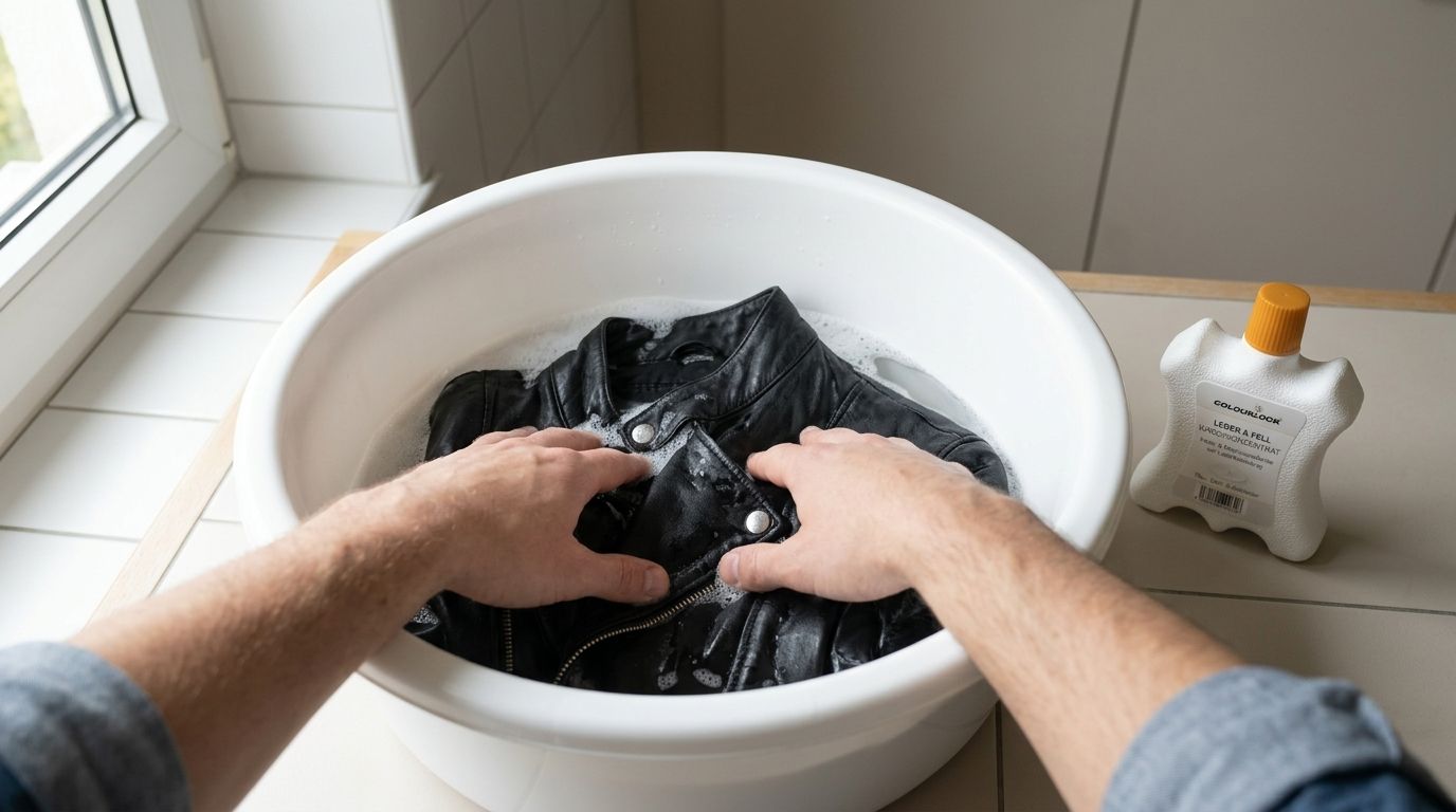 Bőrkabát mosása kézzel: a kabát langyos, bőrmosószeres vízben egy mosdótálban