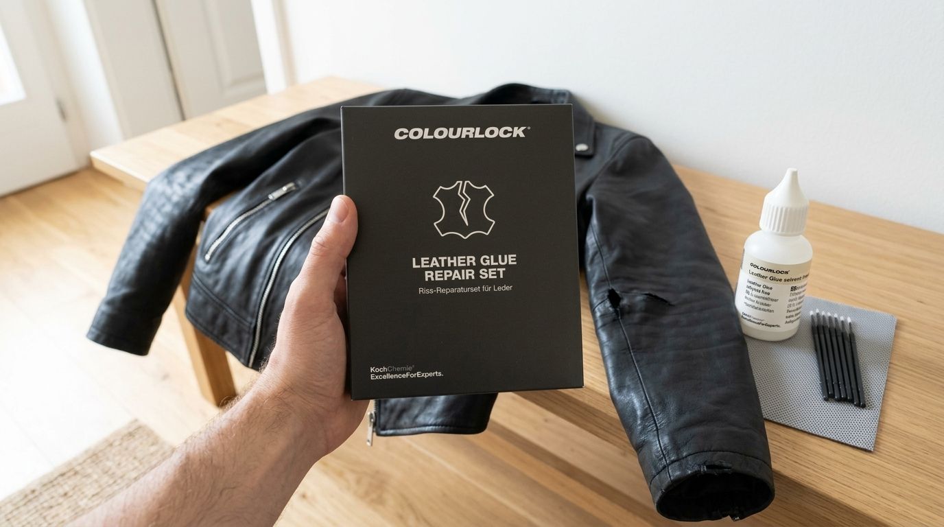 Bőrkabát javítása házilag: Leather Glue bőrragasztó készlet egy szakadt fekete bőrkabát mellett