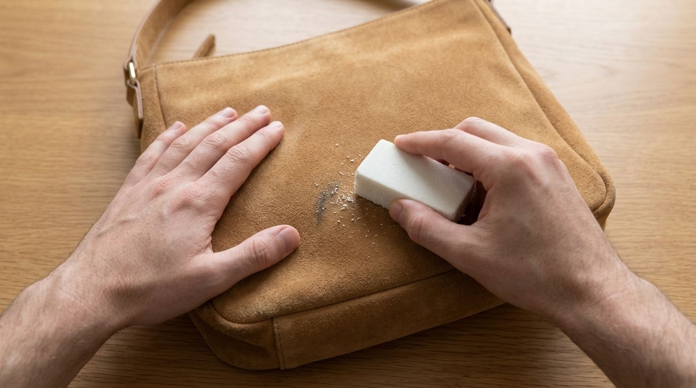 Hasított bőr tisztítása: velúr- és nubukradír egy bársonyos felületű bőrtáskán